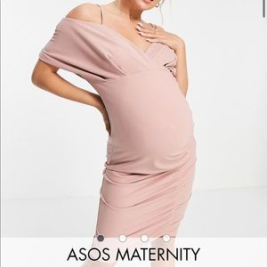 ASOS DESIGN Maternity baby shower cold shoulder ruched midi dress in pink